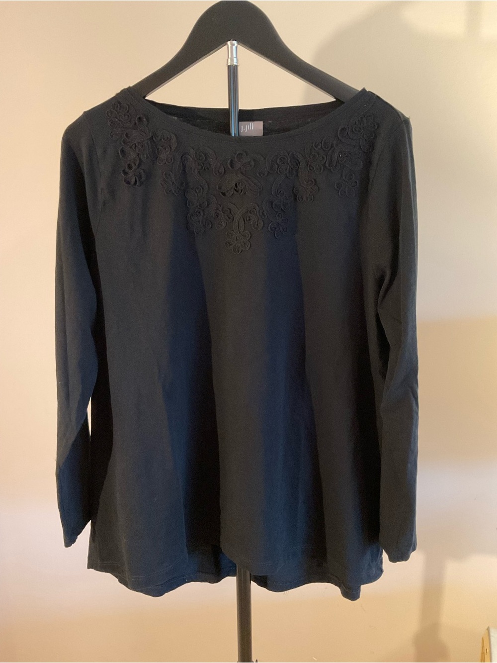 J. Jill Black Long-Sleeve Top with Lace Embroidered Neckline Size Med
